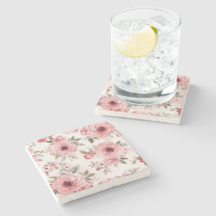 Rose Garden Pink Watercolor Floral Blush Botanical Stone Coaster