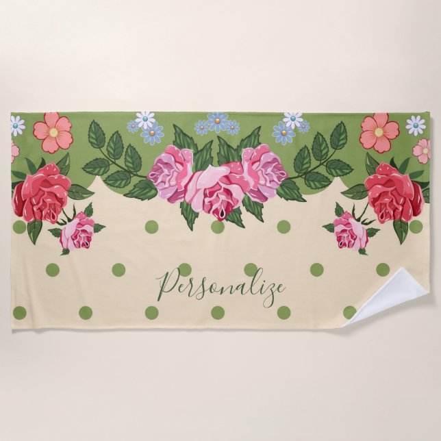 Rose Garden Red Pink Green Floral Personalised Beach Towel (Front)