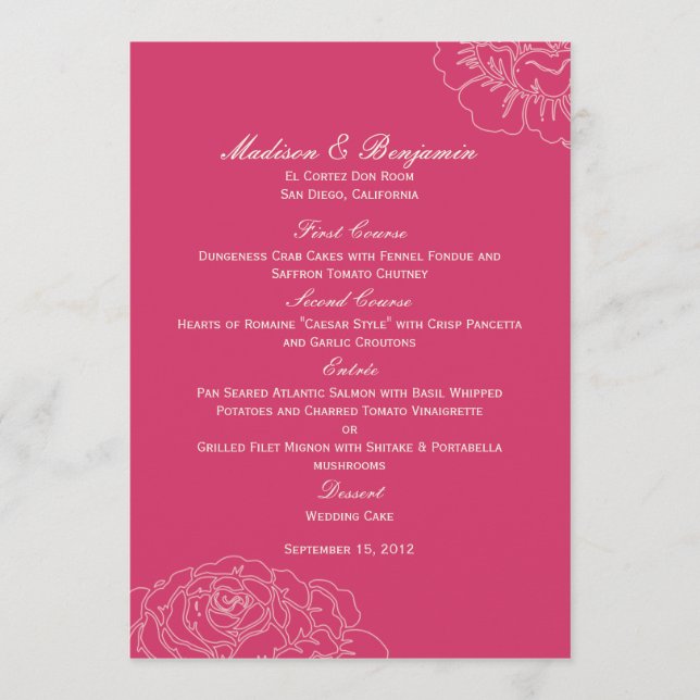 Rose Garden Wedding Menu Card - Pink (Front)