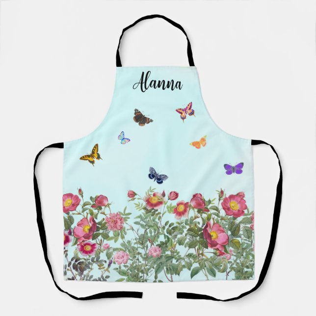 Rose Garden with Butterflies on Blue Background Apron (Front)