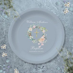 Rose Garland Baptism Christening Dusty Blue Paper Plate