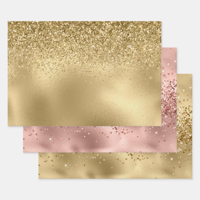 Rose Glam Gold Glitzy Sparkle Glitter  Wrapping Paper Sheet (Set)