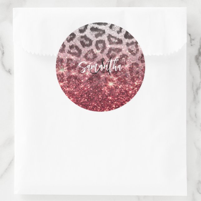 Rose Glitter and Leopard Print Classic Round Sticker (Bag)
