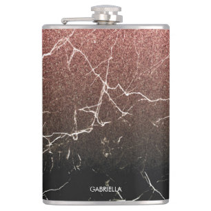 Rose Glitter Black Marble Hip Flask