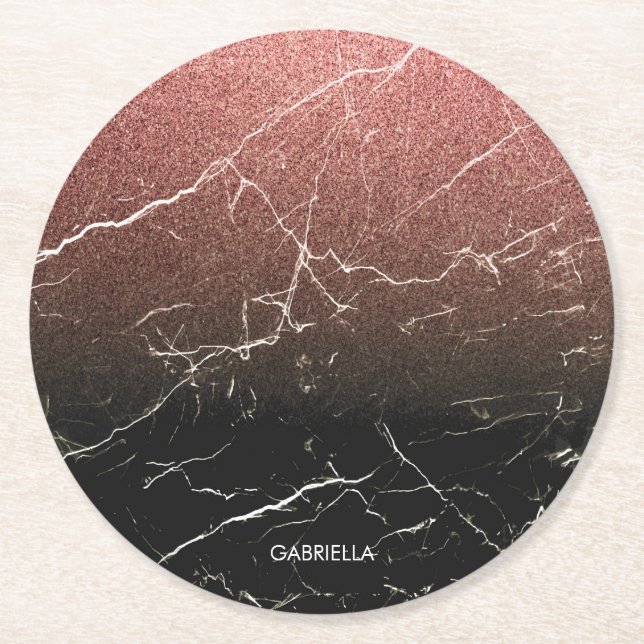 Rose Glitter Black Marble Round Paper Coaster (Front)