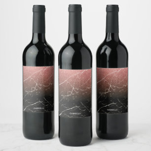 Rose Glitter Black Marble Wine Label