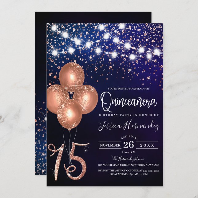 Rose Glitter Confetti Balloons Light Quinceañera Invitation (Front/Back)