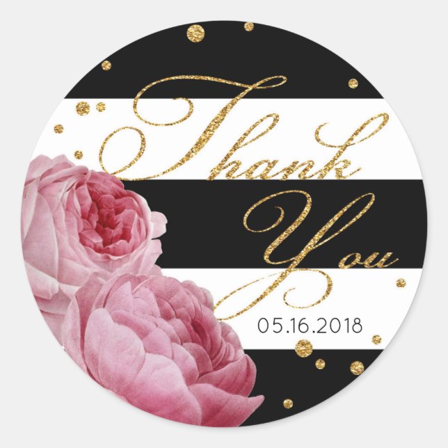 Rose Glitter Confetti Stripe Modern Floral Wedding Classic Round Sticker (Front)