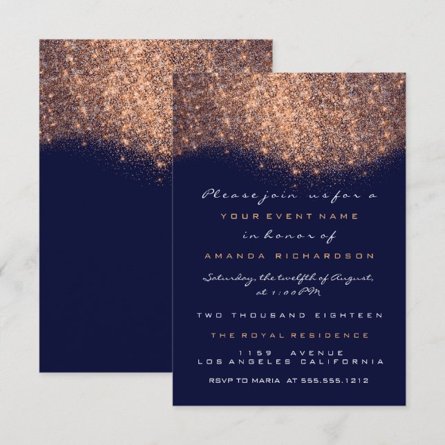Rose Glitter Copper Blue Navy Formal Invitation (Front/Back)