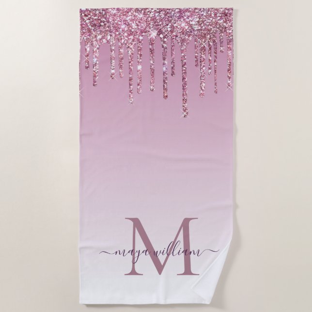  Rose Glitter Drips Personalised Monogram and name Beach Towel (Front)