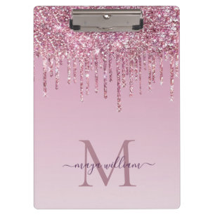 Rose Glitter Drips Personalised Monogram And Name Clipboard