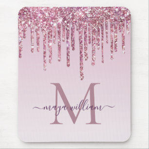  Rose Glitter Drips Personalised Monogram And Name Mouse Pad