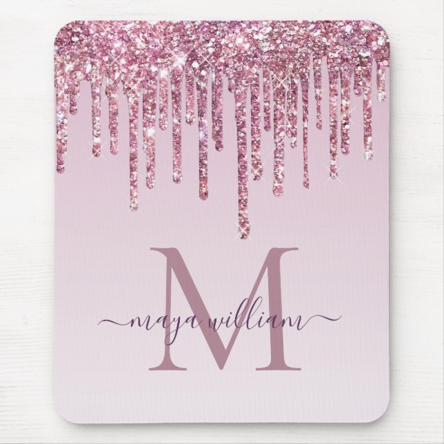  Rose Glitter Drips Personalised Monogram And Name Mouse Pad (Front)