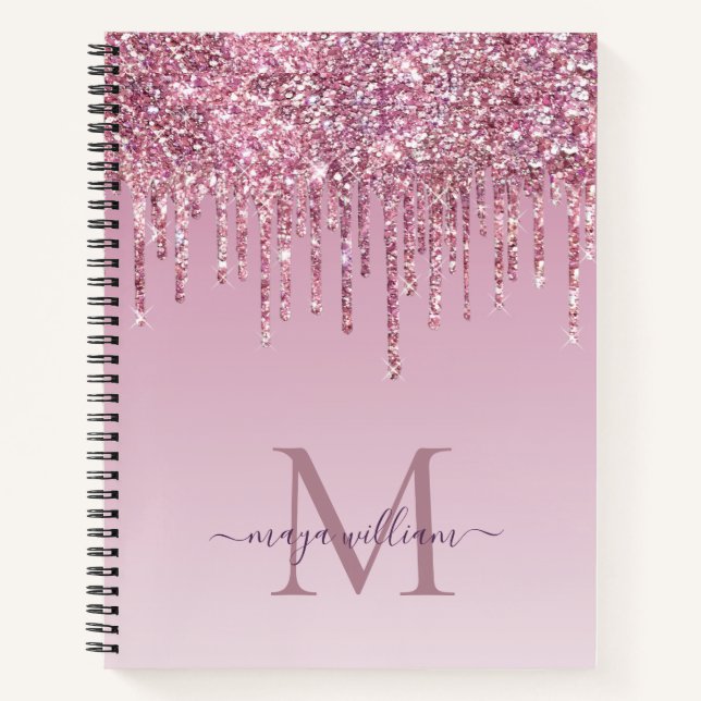  Rose Glitter Drips Personalised Monogram And Name Notebook (Front)