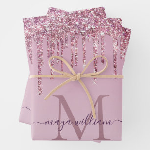  Rose Glitter Drips Personalised Monogram And Name Wrapping Paper Sheet