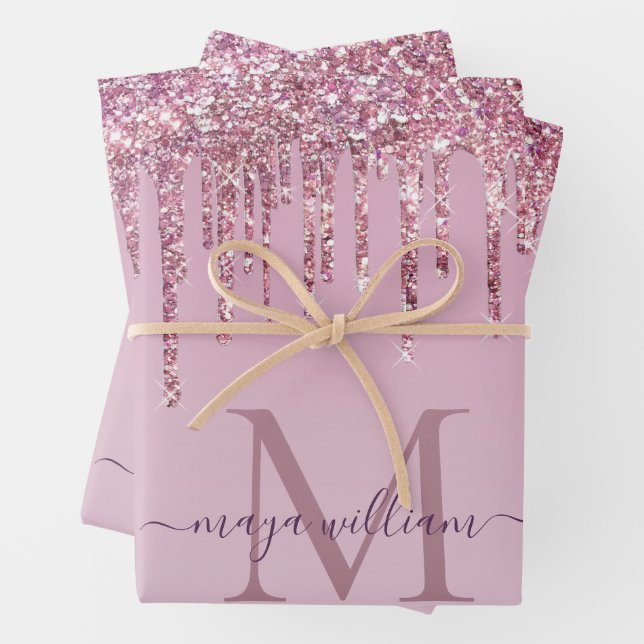  Rose Glitter Drips Personalised Monogram And Name Wrapping Paper Sheet (In situ)