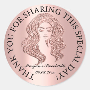 Rose Glitter face Sweet 16th Favour Thank You Glam Classic Round Sticker