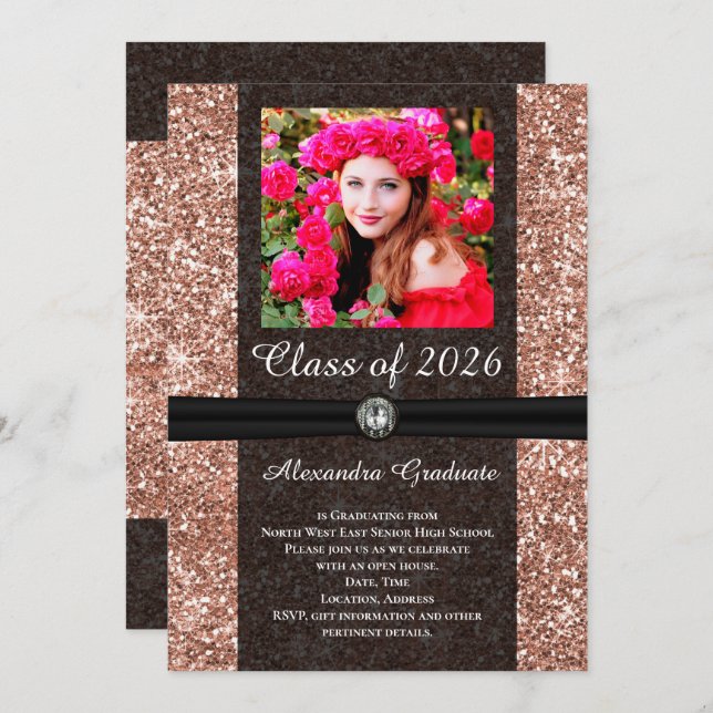 Rose Glitter Gem Photo Class of 2025 Graduation Invitation (Front/Back)