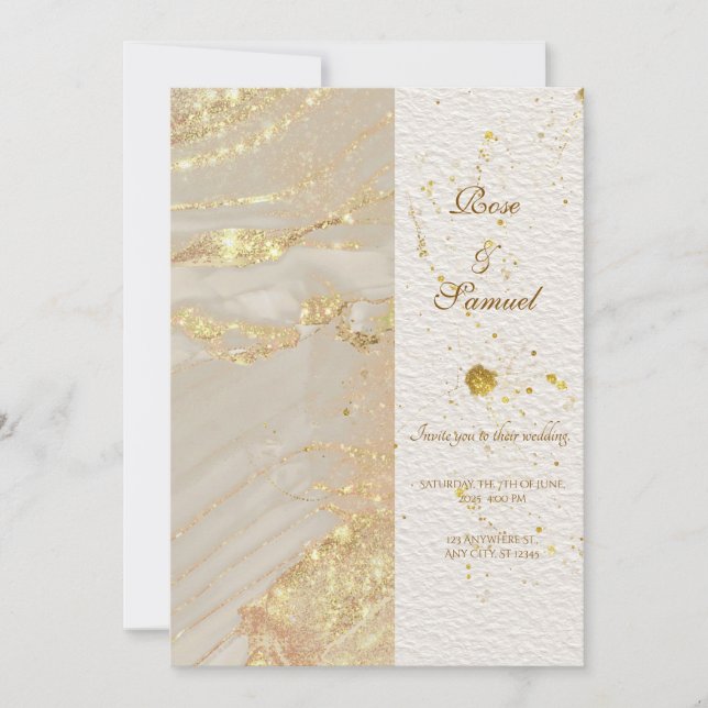 Rose Glitter Gold Alcohol Ink Wedding Invitation (Front)