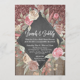 Rose Glitter Wood Floral Chalkboard Brunch Bubbly Invitation