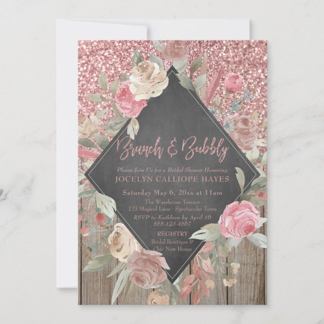 Rose Glitter Wood Floral Chalkboard Brunch Bubbly Invitation (Front)