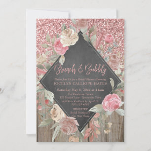 Rose Glitter Wood Floral Chalkboard Brunch Bubbly Invitation
