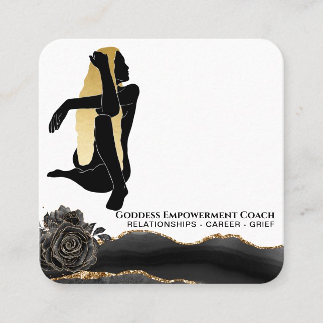 *~* Rose Goddess Black Gold Glitter Floral Square Business Card (Front)