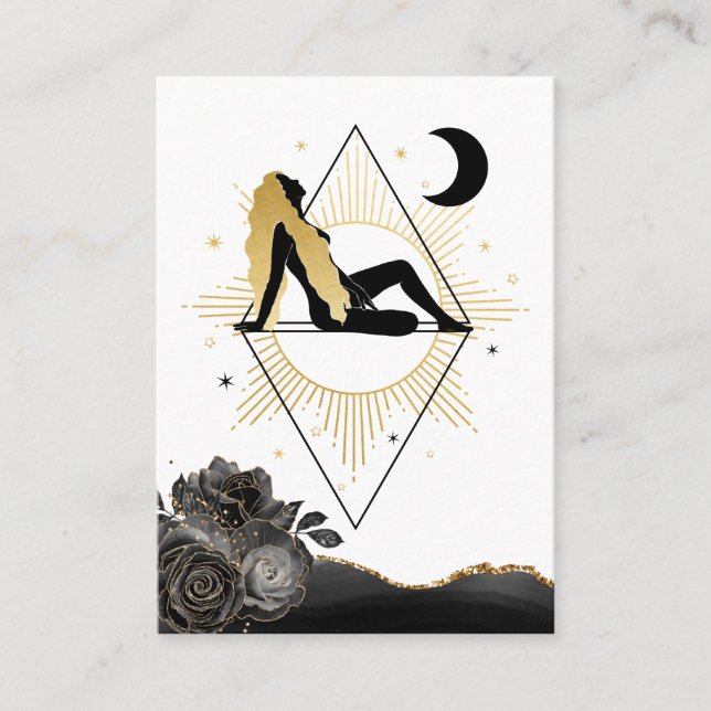*~* Rose Goddess Black Gold Yoga Moon Triangle Business Card (Front)