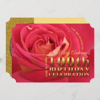 Rose Gold 100th Birthday Celebration add Photo Inv Invitation