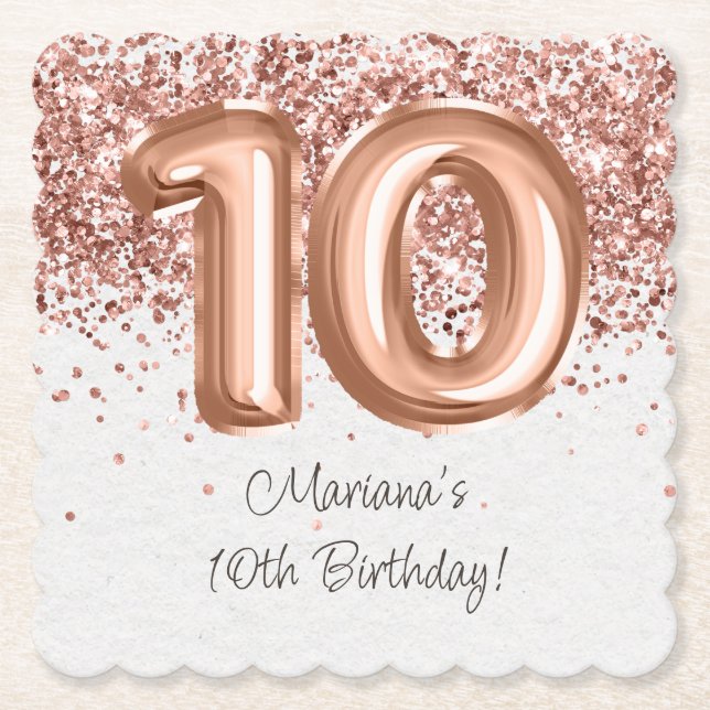  Rose Gold 10th Birthday Party Paper Coaster (Front)