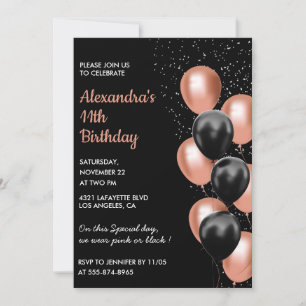 Rose gold 11th birthday invitation Balloon Black
