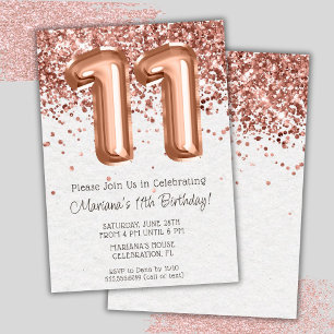 Rose Gold 11th Birthday Party Invitation
