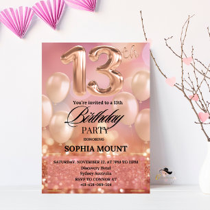 Rose Gold 13th Birthday Party Pink Invitations