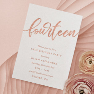 Rose Gold 14th Birthday Invitation   Faux Foil