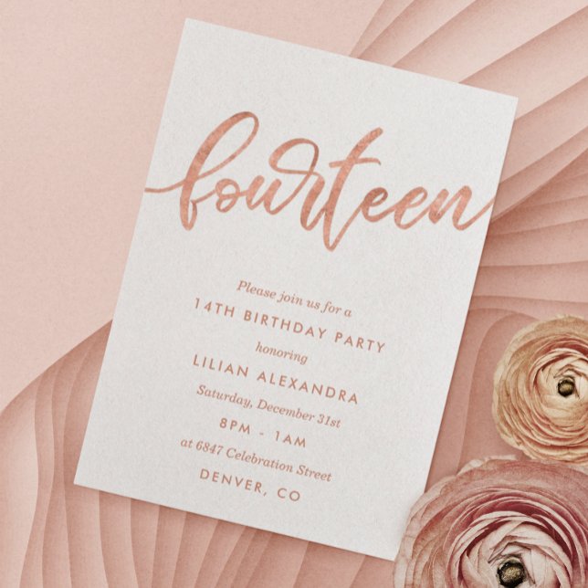 Rose Gold 14th Birthday Invitation | Faux Foil (Creator Uploaded)