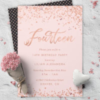 Rose Gold 14th Birthday Party Invitation Faux Foil