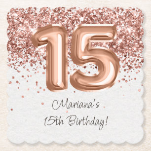  Rose Gold 15th Birthday Party Paper Coaster