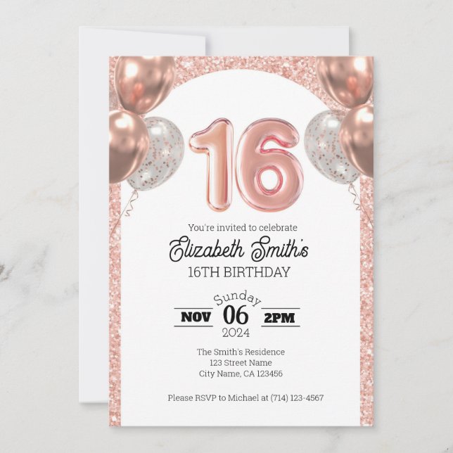 Rose Gold 16th Birthday Invitation Template (Front)