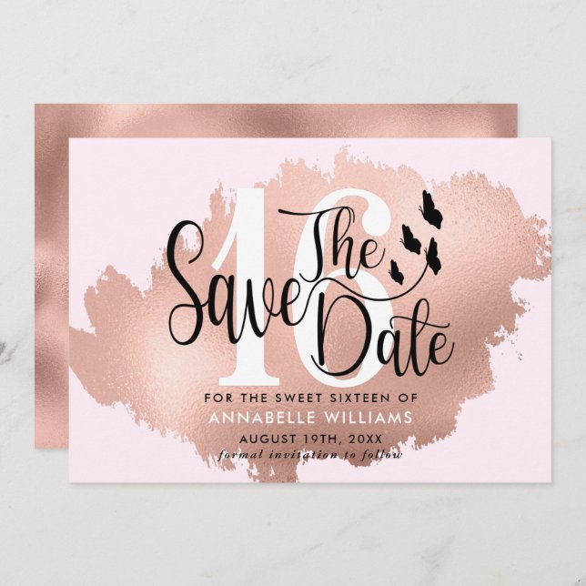 Rose Gold 16th Birthday Party  Save The Date (Front/Back)