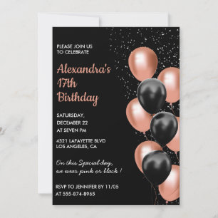 Rose gold 17th birthday invitation Balloon Black