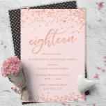 Rose Gold 18th Birthday Invitation | Faux Foil<br><div class="desc">Rose Gold 18th Birthday Party Invitations: Pretty rose gold confetti 18th birthday party invitation design featuring bright rose gold foil look confetti polka dots. Rose gold "eighteen" written in hand-lettering script typography. Contemporary lettering fills out the party details. [Note that while elements of this design will print to look like...</div>