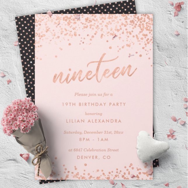 Rose Gold 19th Birthday Invitation | Faux Foil (Creator Uploaded)