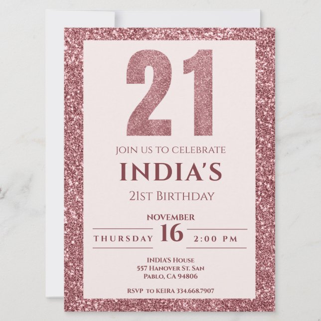 Rose Gold 21st Birthday party Invitation (Front)