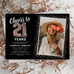 Rose Gold 21st Birthday Photo Invitation<br><div class="desc">Elegant twenty-first birthday party invitation featuring a trendy black background that can be changed to any colour,  a photo of the birthday girl / boy,  rose gold sparkly glitter,  twenty one rose gold hellium balloons,  and a modern 21st birthday celebration text template that is easy to personalise.</div>