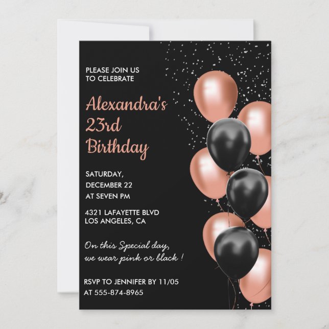 Rose gold 23rd birthday invitation Balloon Black (Front)