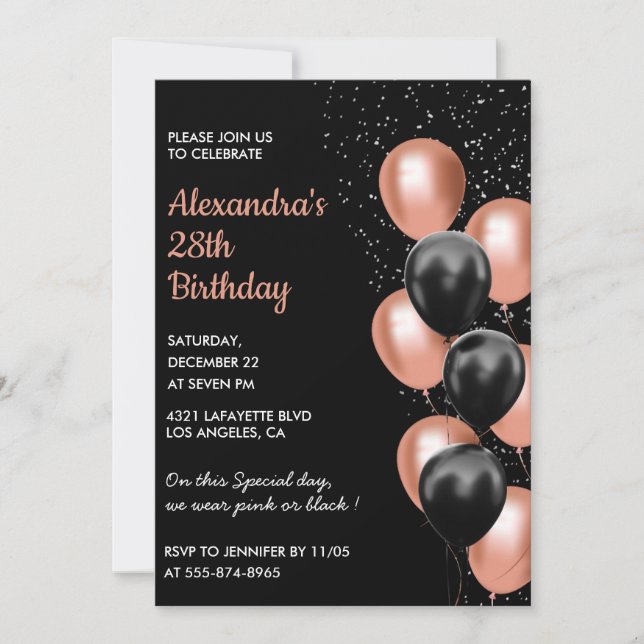Rose gold 28th birthday invitation Balloon Black (Front)