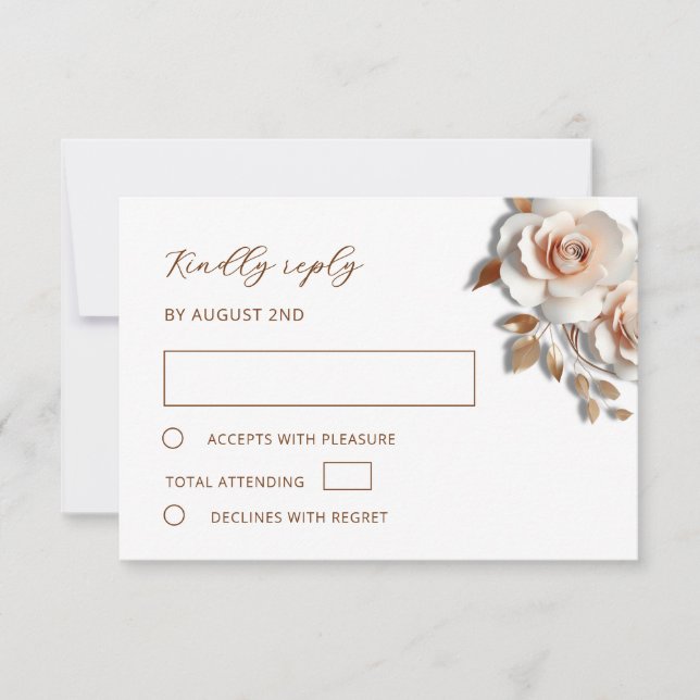 Rose Gold 3D Roses Wedding RSVP Card (Front)
