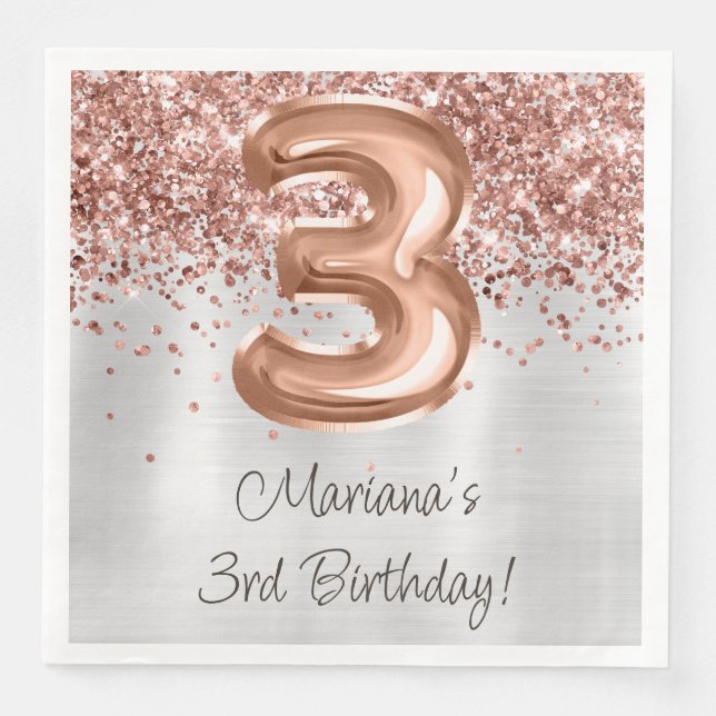  Rose Gold 3rd Birthday Party Napkin (Front)