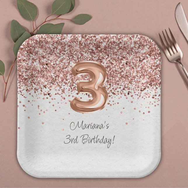  Rose Gold 3rd Birthday Party Paper Plate (Creator Uploaded)