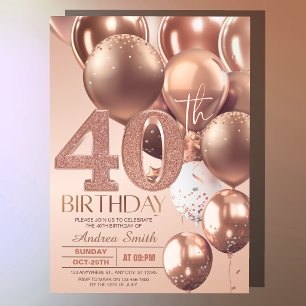 Rose Gold 40th Birthday Glam Glitter Balloons Invitation